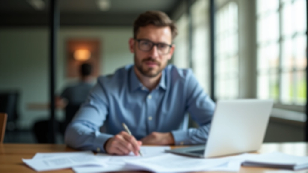 Stéphane Mercier à son bureau dans les locaux de TrésoAuto SARL, entouré de documents financiers et d'un ordinateur portable