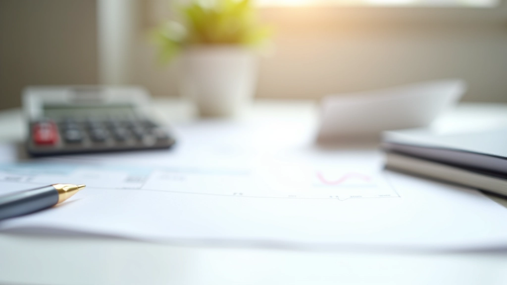 Bureau avec documents financiers, calculatrice et stylo sur une surface blanche