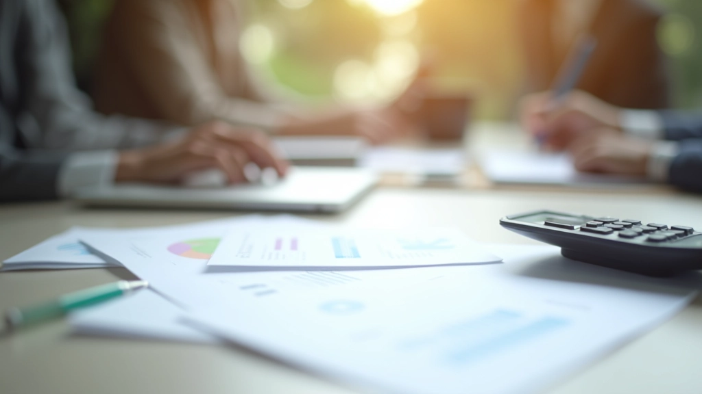 Espace de travail organisé avec documents financiers et matériel de gestion